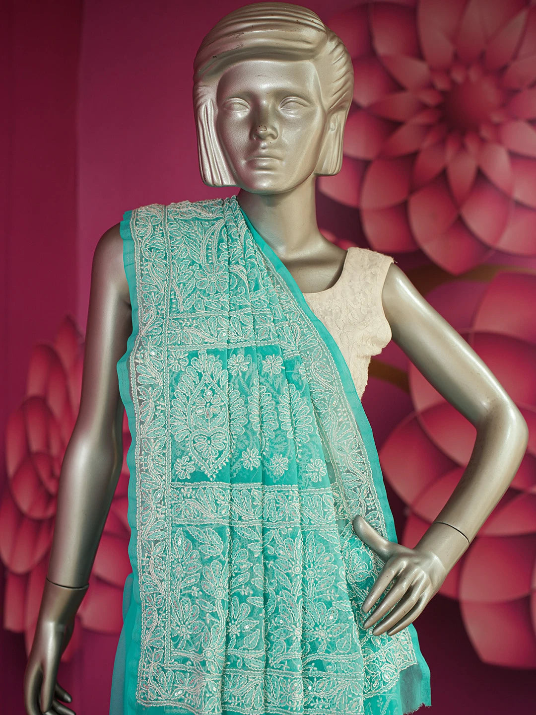 Ada Hand Embroidered Sea Green Georgette Lucknowi Chikankari Saree/Blouse With Cutdana Work 01A492648
