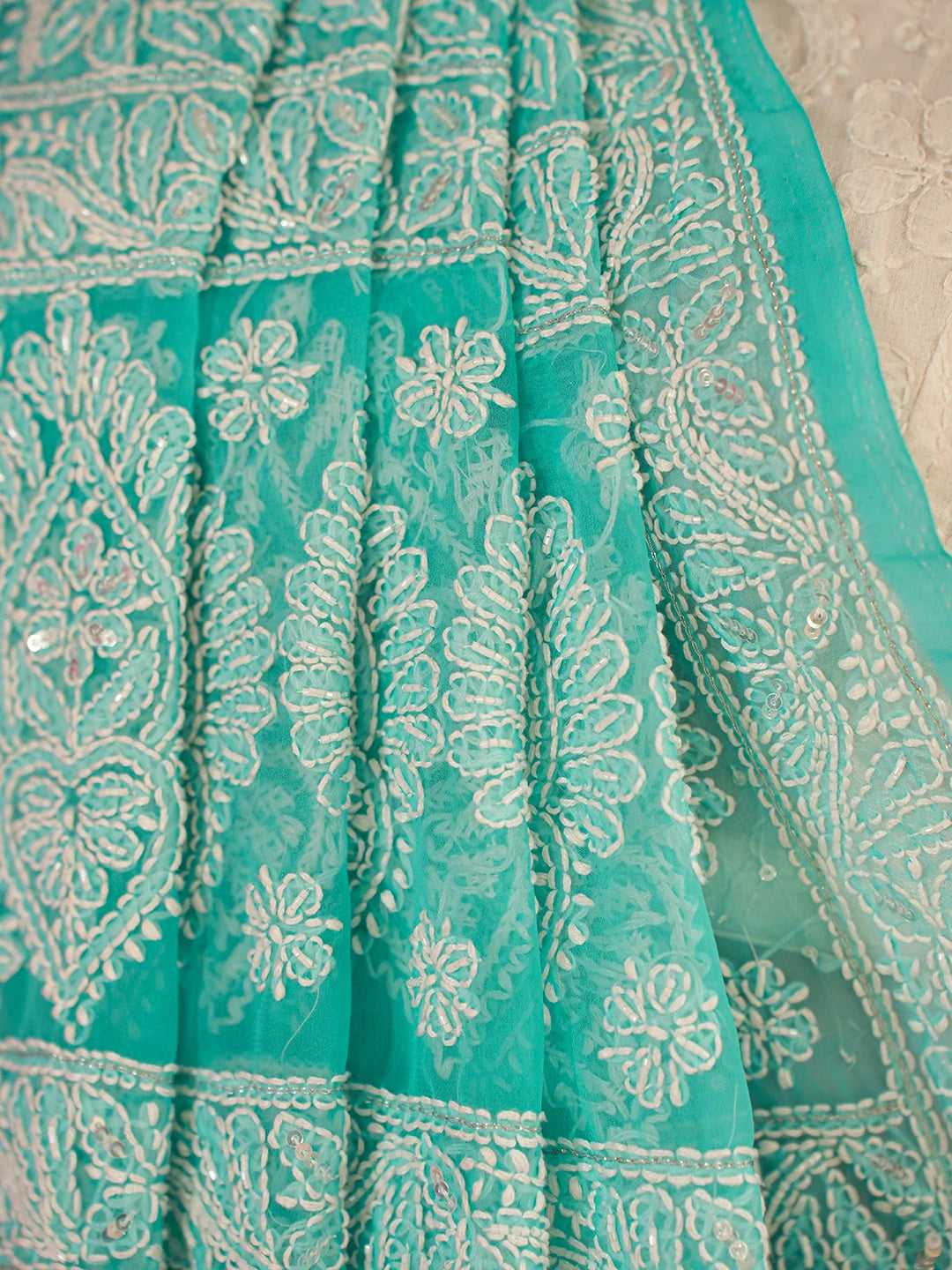 Ada Hand Embroidered Sea Green Georgette Lucknowi Chikankari Saree/Blouse With Cutdana Work 01A492648