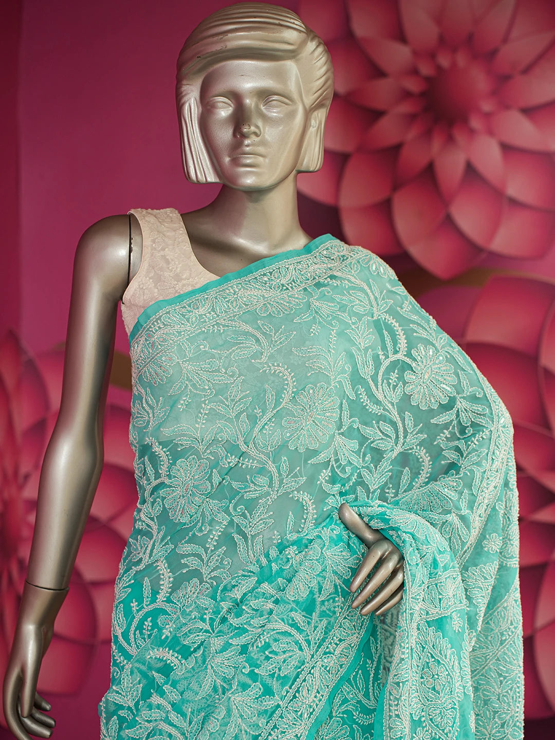 Ada Hand Embroidered Sea Green Georgette Lucknowi Chikankari Saree/Blouse With Cutdana Work 01A492648