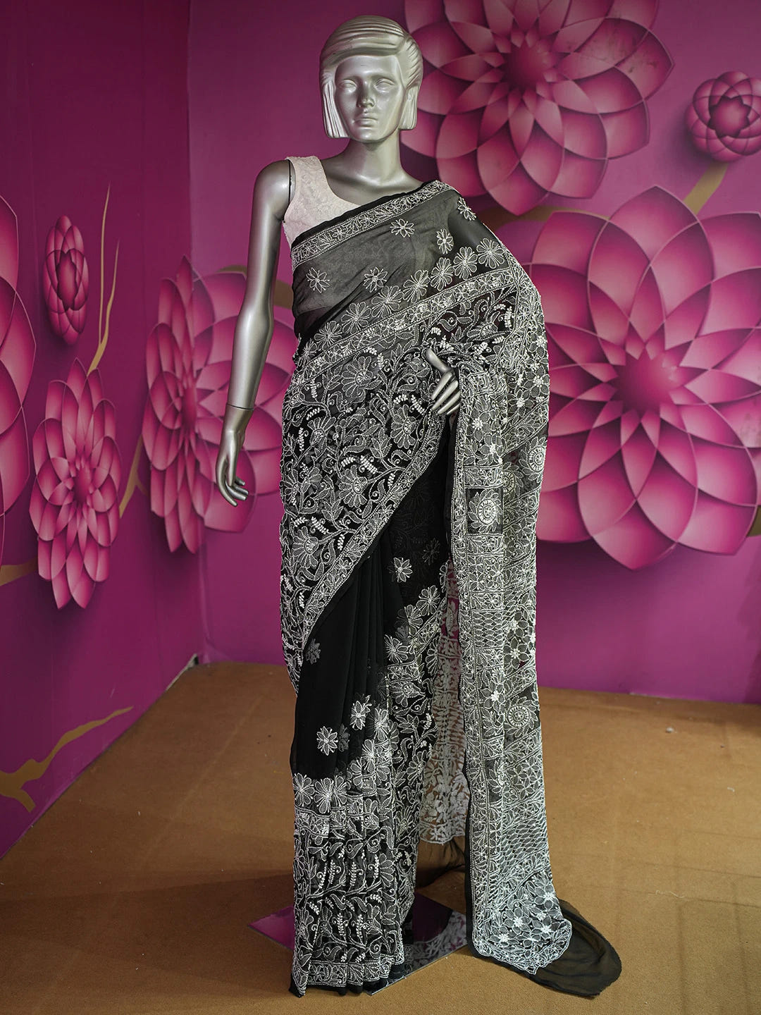 Ada Hand Embroidered Black Faux Georgette Lucknowi Chikankari Saree With Blouse 01A665743