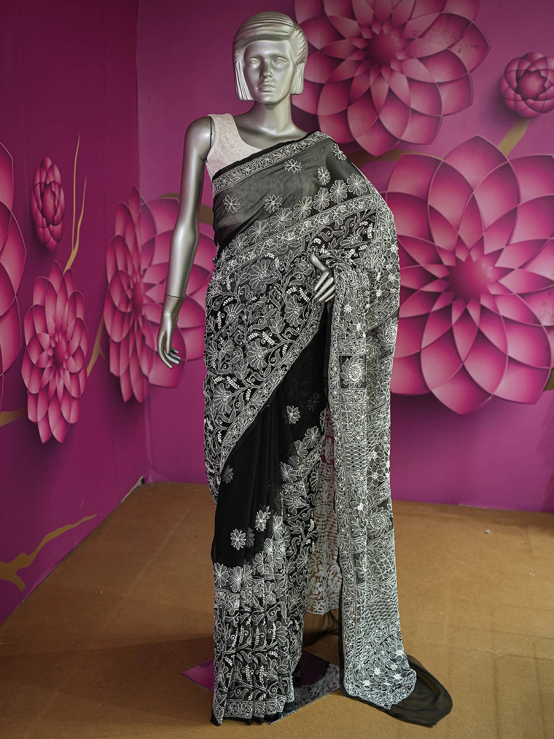 Ada Hand Embroidered Black Faux Georgette Lucknowi Chikankari Saree With Blouse 01A665743