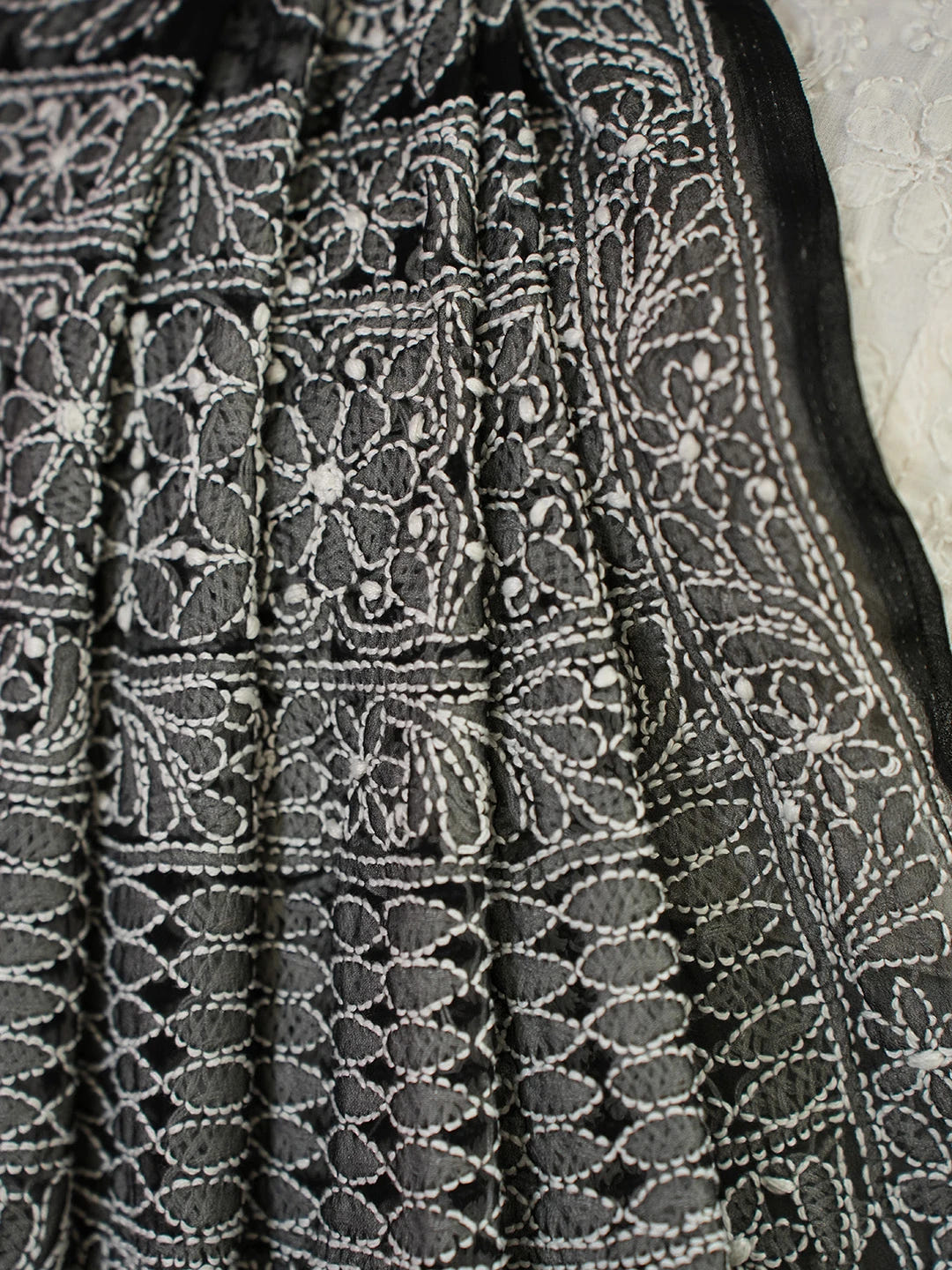 Ada Hand Embroidered Black Faux Georgette Lucknowi Chikankari Saree With Blouse 01A665743