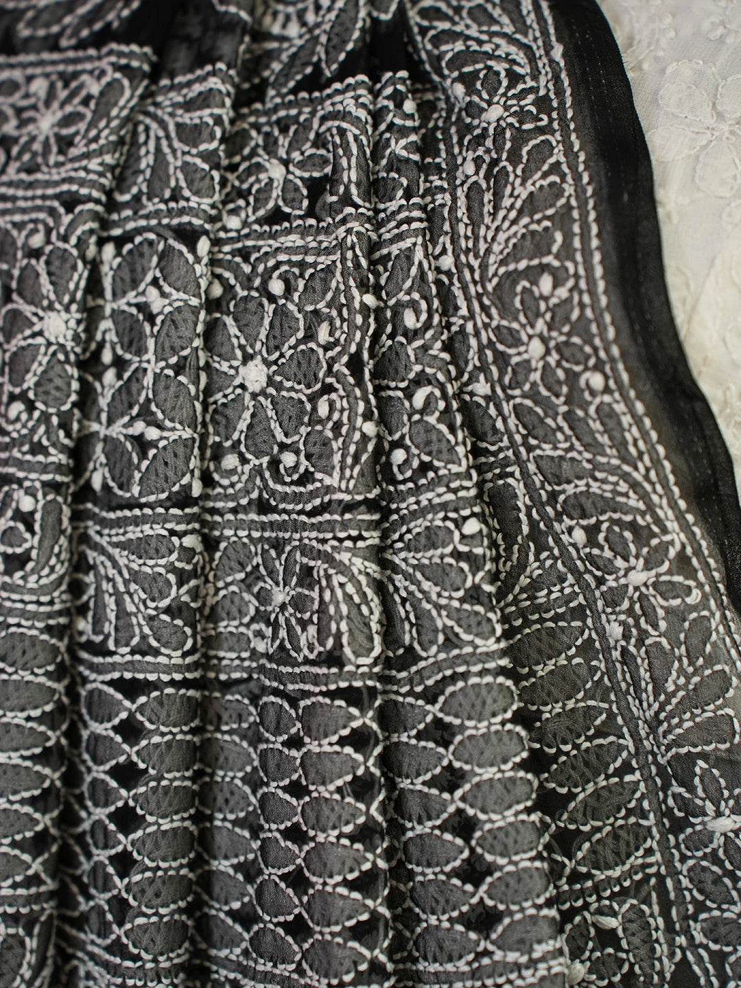 Ada Hand Embroidered Black Faux Georgette Lucknowi Chikankari Saree With Blouse 01A665743