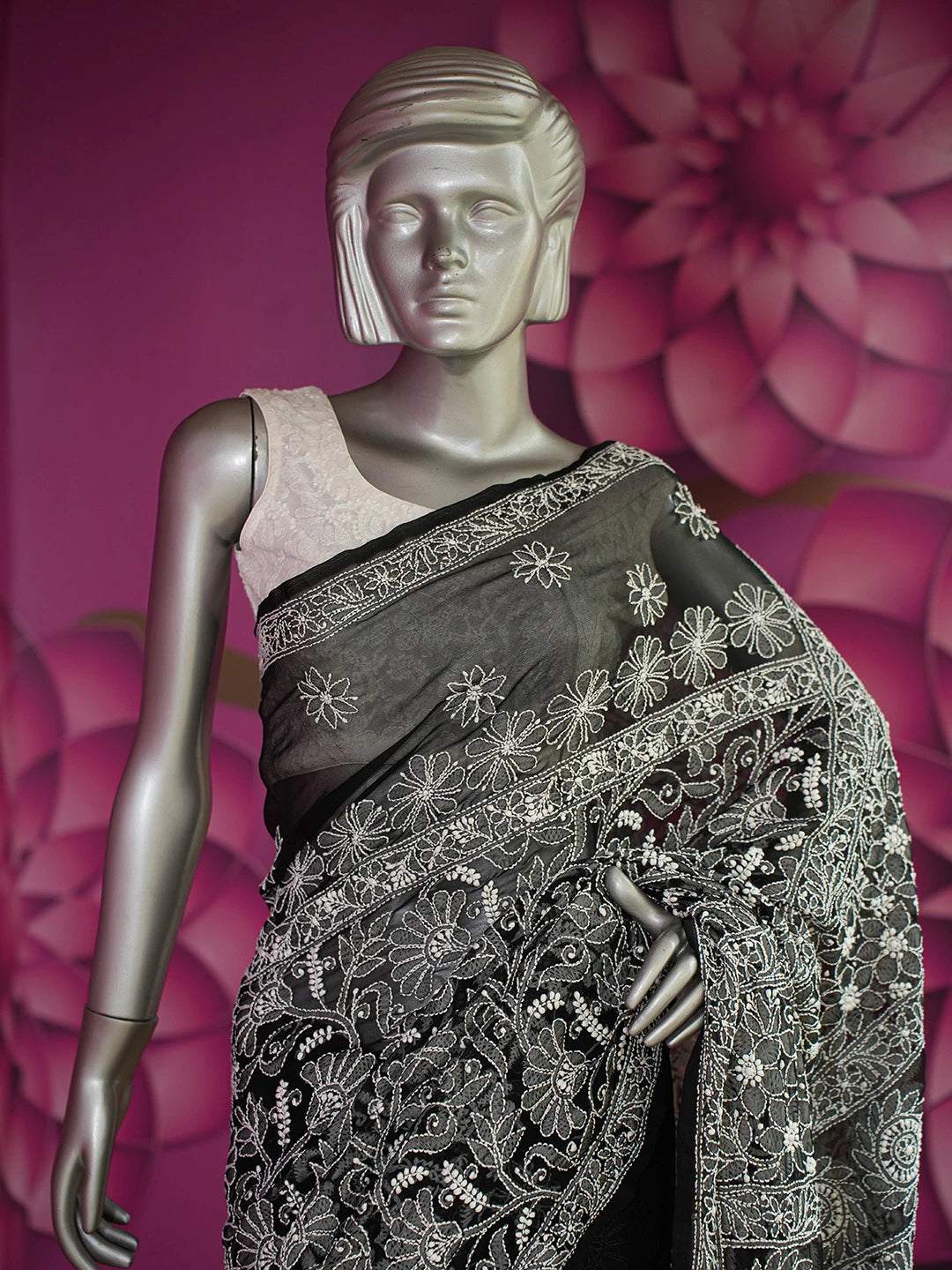 Ada Hand Embroidered Black Faux Georgette Lucknowi Chikankari Saree With Blouse 01A665743