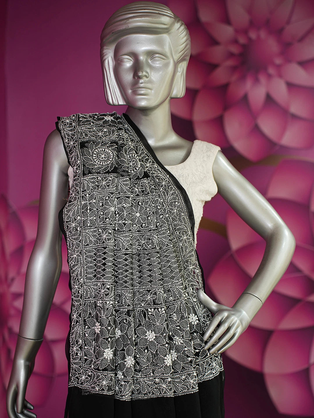 Ada Hand Embroidered Black Faux Georgette Lucknowi Chikankari Saree With Blouse 01A665743