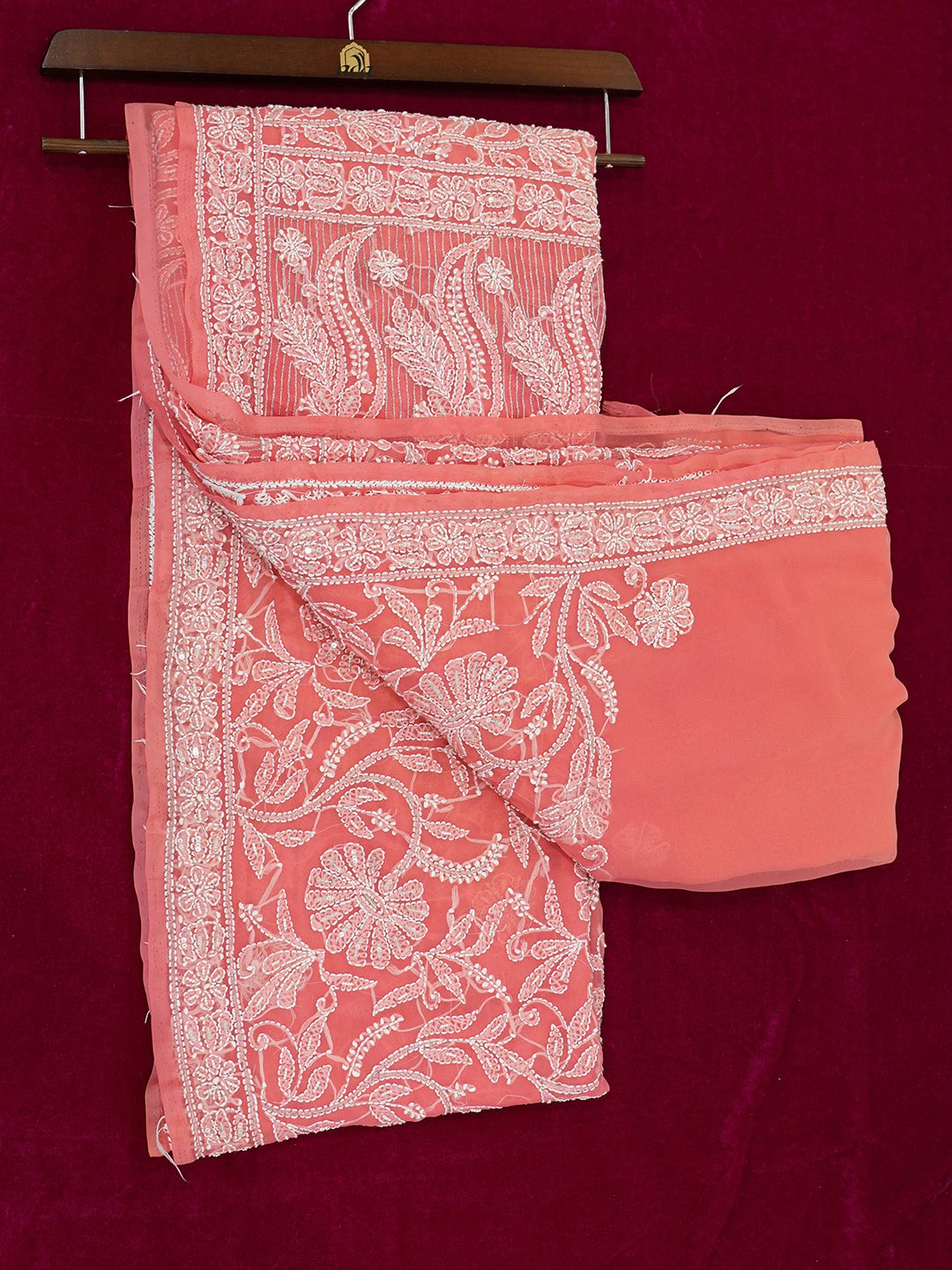 Ada Hand Embroidered Carrot Pink Faux Georgette Lucknowi Chikankari Saree and Blouse With Zari Work 01A583307