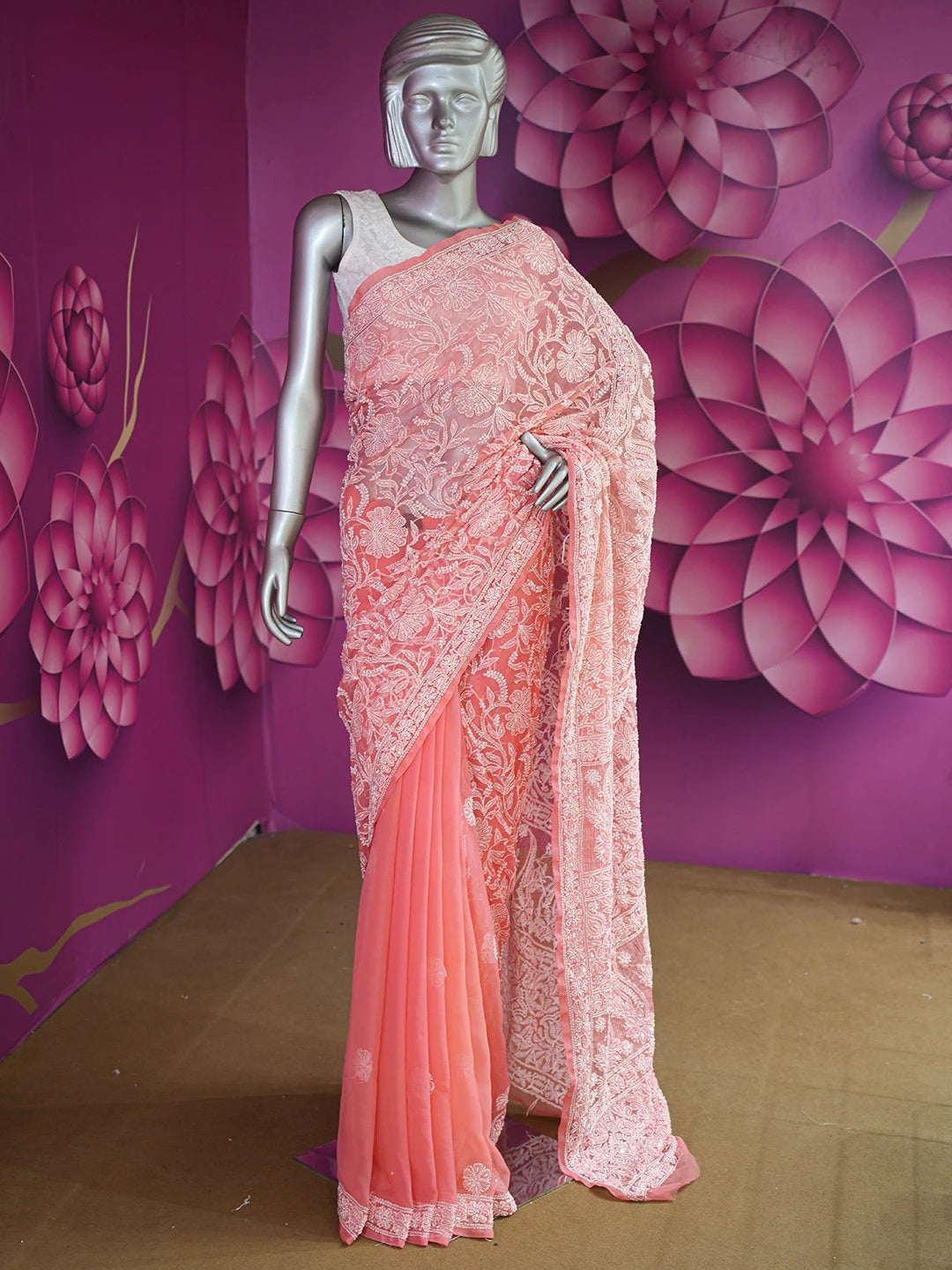Ada Hand Embroidered Carrot Pink Faux Georgette Lucknowi Chikankari Saree and Blouse With Zari Work 01A583307