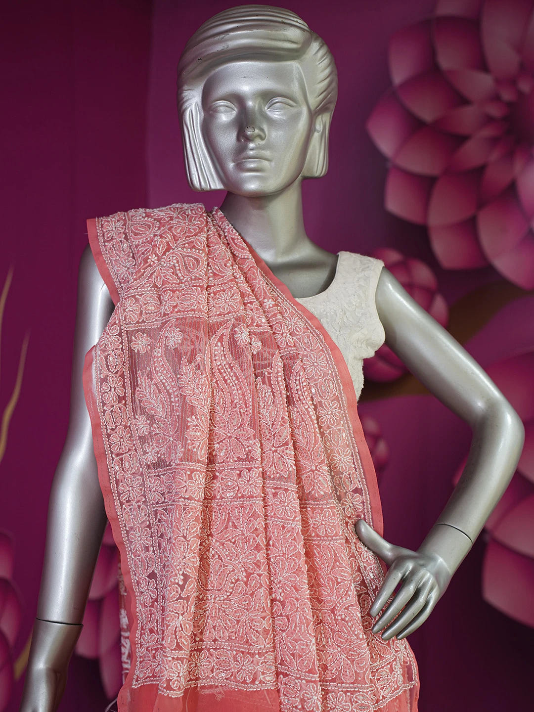 Ada Hand Embroidered Carrot Pink Faux Georgette Lucknowi Chikankari Saree and Blouse With Zari Work 01A583307