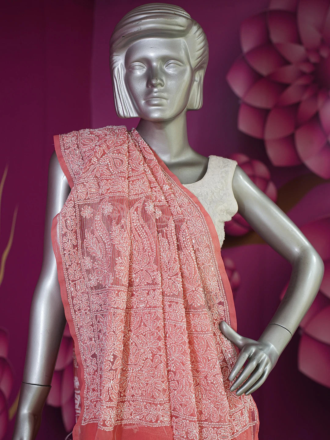 Ada Hand Embroidered Carrot Pink Faux Georgette Lucknowi Chikankari Saree and Blouse With Zari Work 01A583307