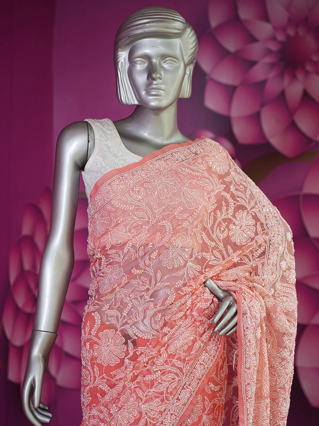 Ada Hand Embroidered Carrot Pink Faux Georgette Lucknowi Chikankari Saree and Blouse With Zari Work 01A583307