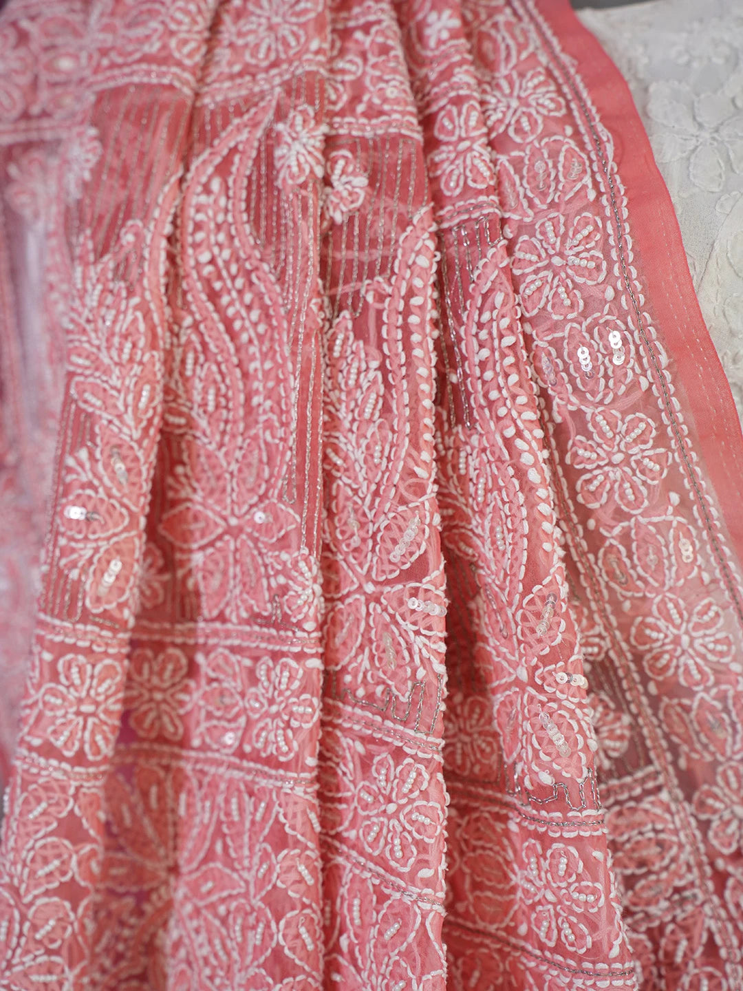 Ada Hand Embroidered Carrot Pink Faux Georgette Lucknowi Chikankari Saree and Blouse With Zari Work 01A583307