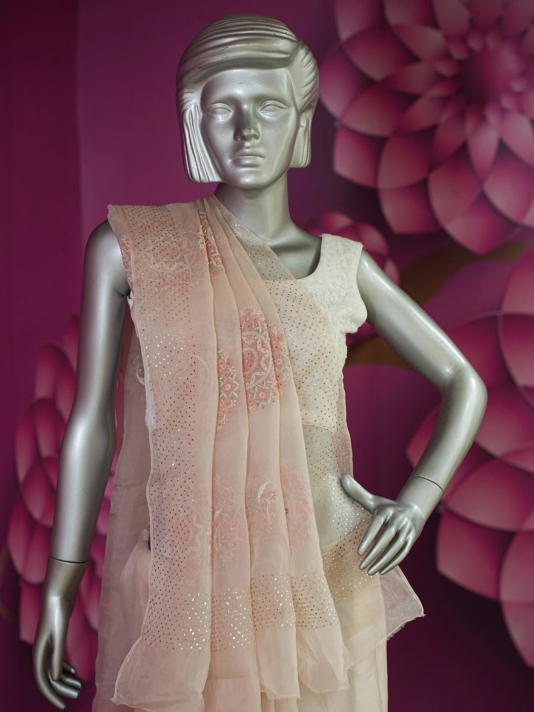 Ada Hand Embroidered Dusty Peach Organza Lucknowi Chikankari Saree and Blouse With Mukaish Work 01A681357