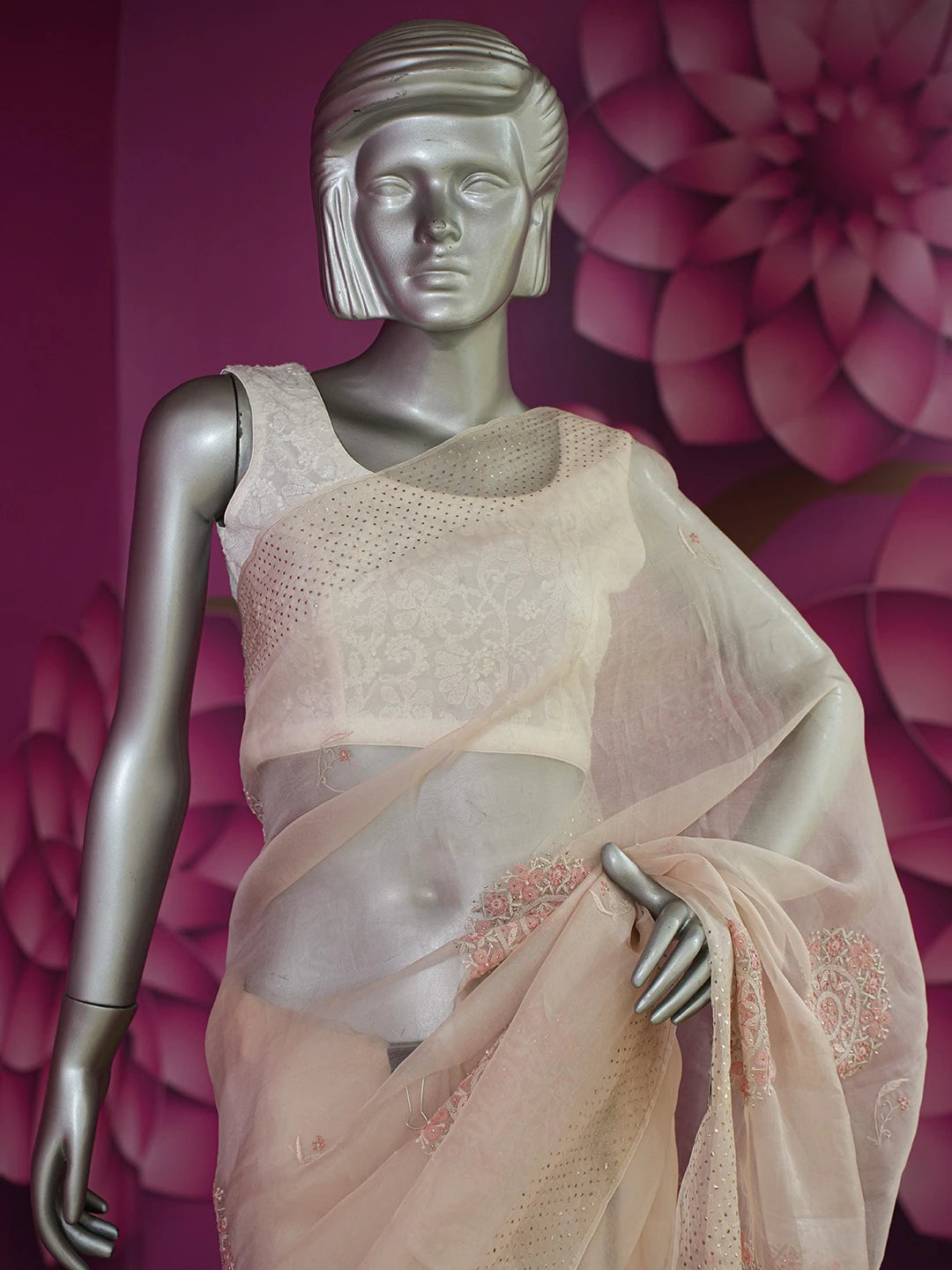 Ada Hand Embroidered Dusty Peach Organza Lucknowi Chikankari Saree and Blouse With Mukaish Work 01A681357