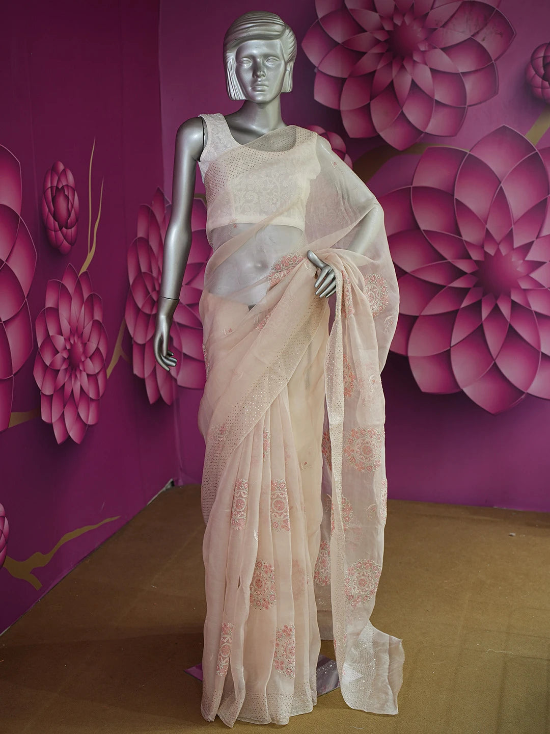 Ada Hand Embroidered Dusty Peach Organza Lucknowi Chikankari Saree and Blouse With Mukaish Work 01A681357