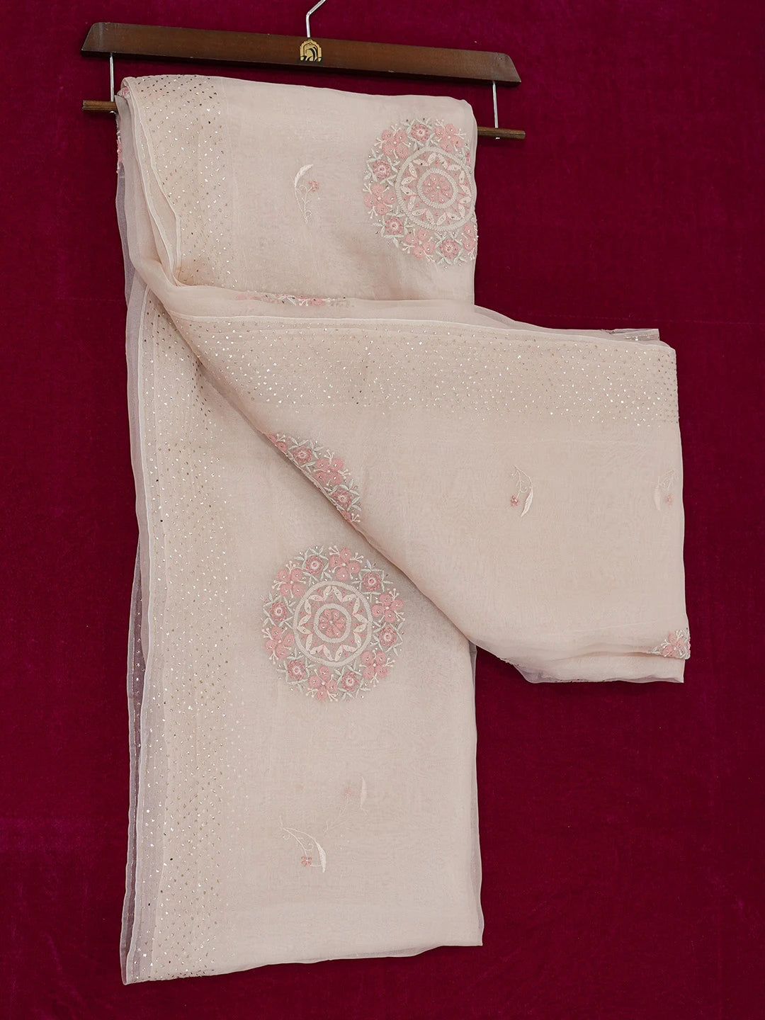 Ada Hand Embroidered Dusty Peach Organza Lucknowi Chikankari Saree and Blouse With Mukaish Work 01A681357