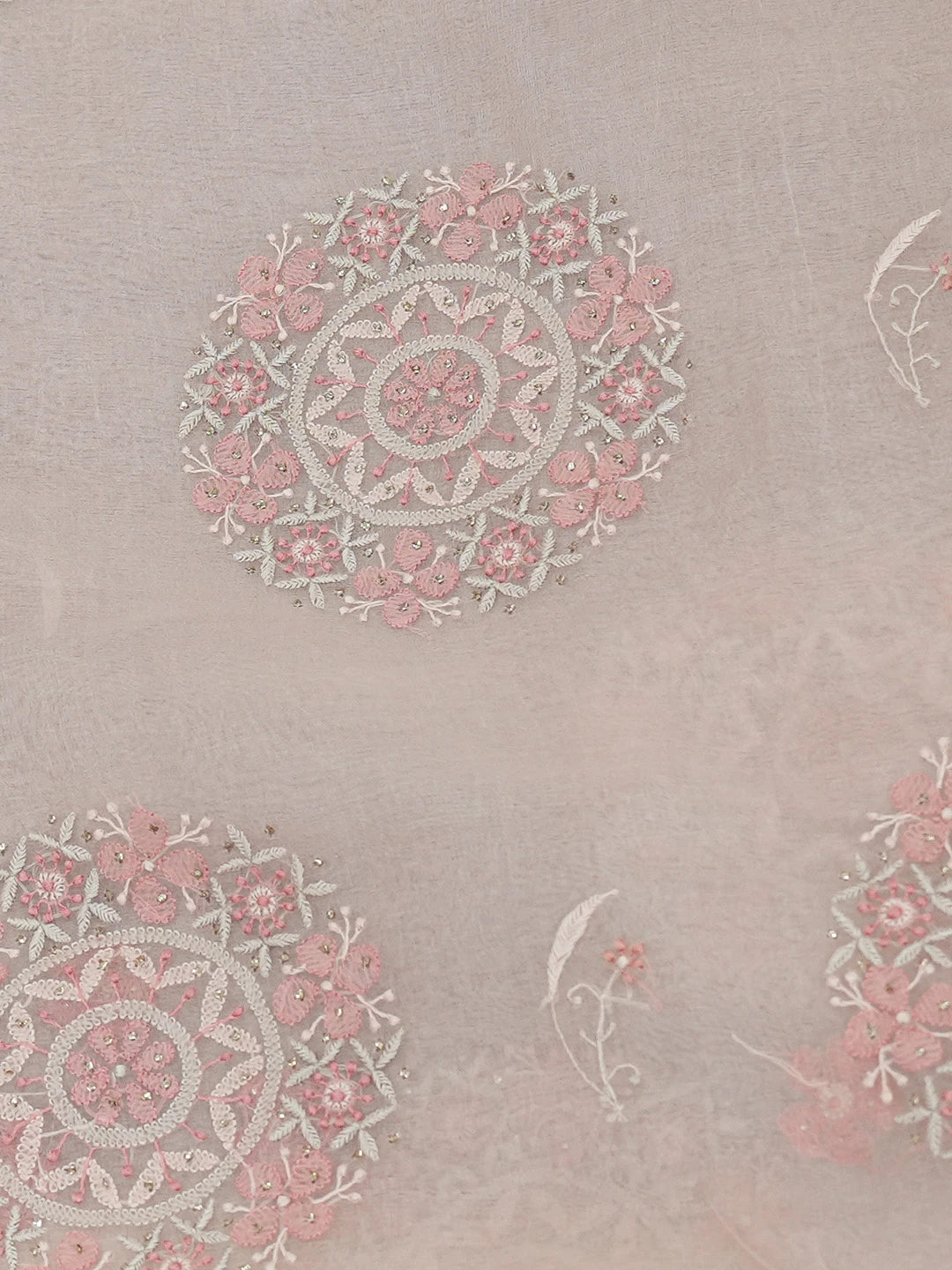 Ada Hand Embroidered Dusty Peach Organza Lucknowi Chikankari Saree and Blouse With Mukaish Work 01A681357
