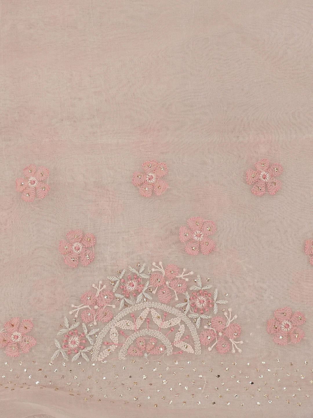 Ada Hand Embroidered Dusty Peach Organza Lucknowi Chikankari Saree and Blouse With Mukaish Work 01A681357
