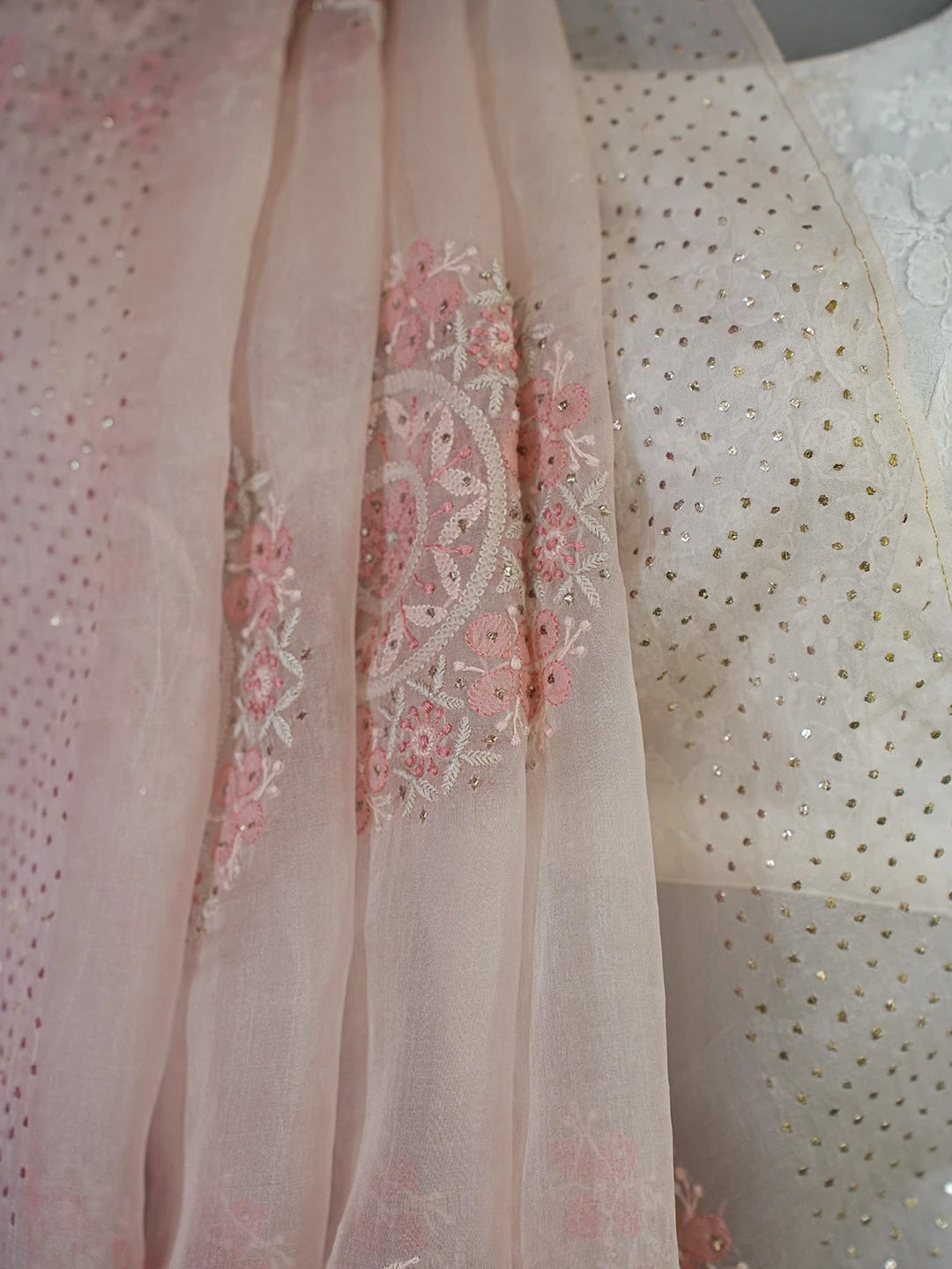 Ada Hand Embroidered Dusty Peach Organza Lucknowi Chikankari Saree and Blouse With Mukaish Work 01A681357