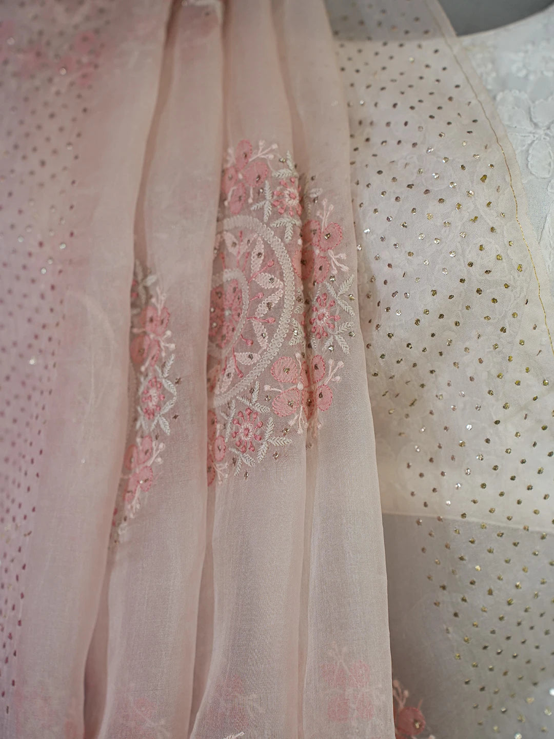 Ada Hand Embroidered Dusty Peach Organza Lucknowi Chikankari Saree and Blouse With Mukaish Work 01A681357