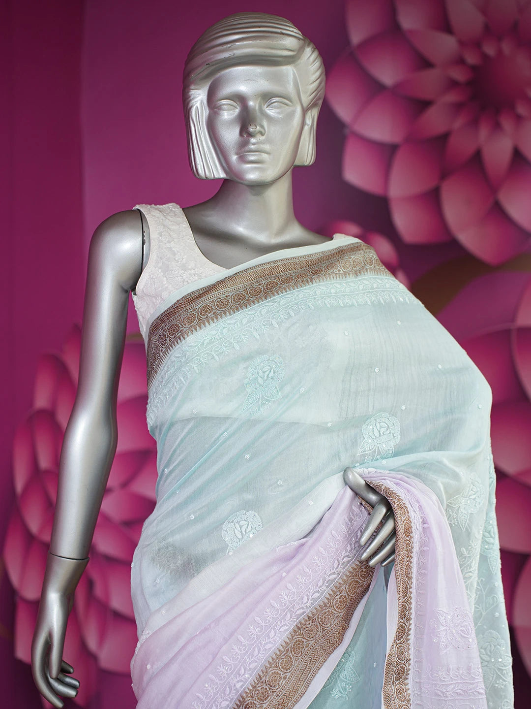 Ada Hand Embroidered Lavender Chanderi Lucknowi Chikankari Saree and Blouse With Cutdana Work 01A633214