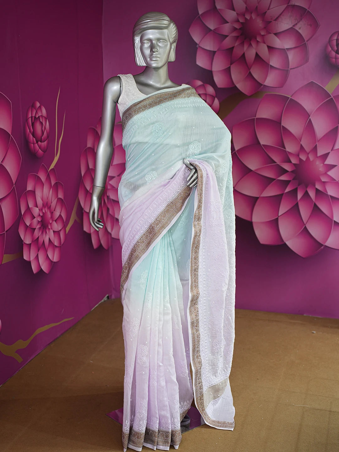 Ada Hand Embroidered Lavender Chanderi Lucknowi Chikankari Saree and Blouse With Cutdana Work 01A633214