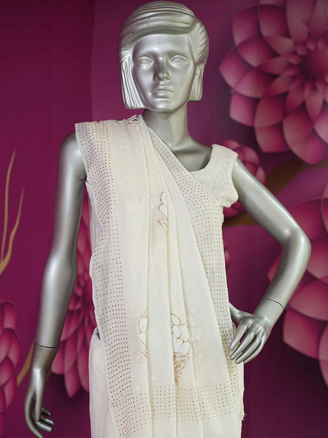 Ada Hand Embroidered White Pure Georgette Lucknowi Chikankari Saree and Blouse With Pearl Work 01A680081