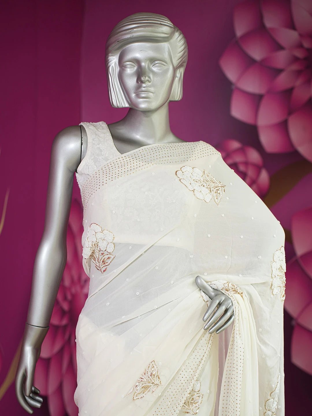Ada Hand Embroidered White Pure Georgette Lucknowi Chikankari Saree and Blouse With Pearl Work 01A680081