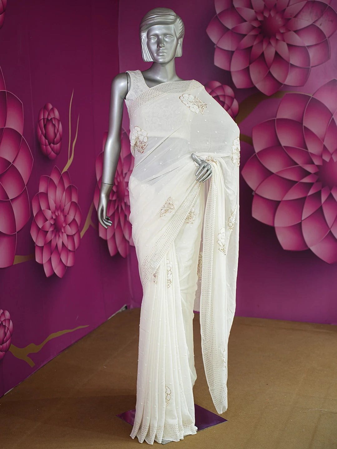 Ada Hand Embroidered White Pure Georgette Lucknowi Chikankari Saree and Blouse With Pearl Work 01A680081