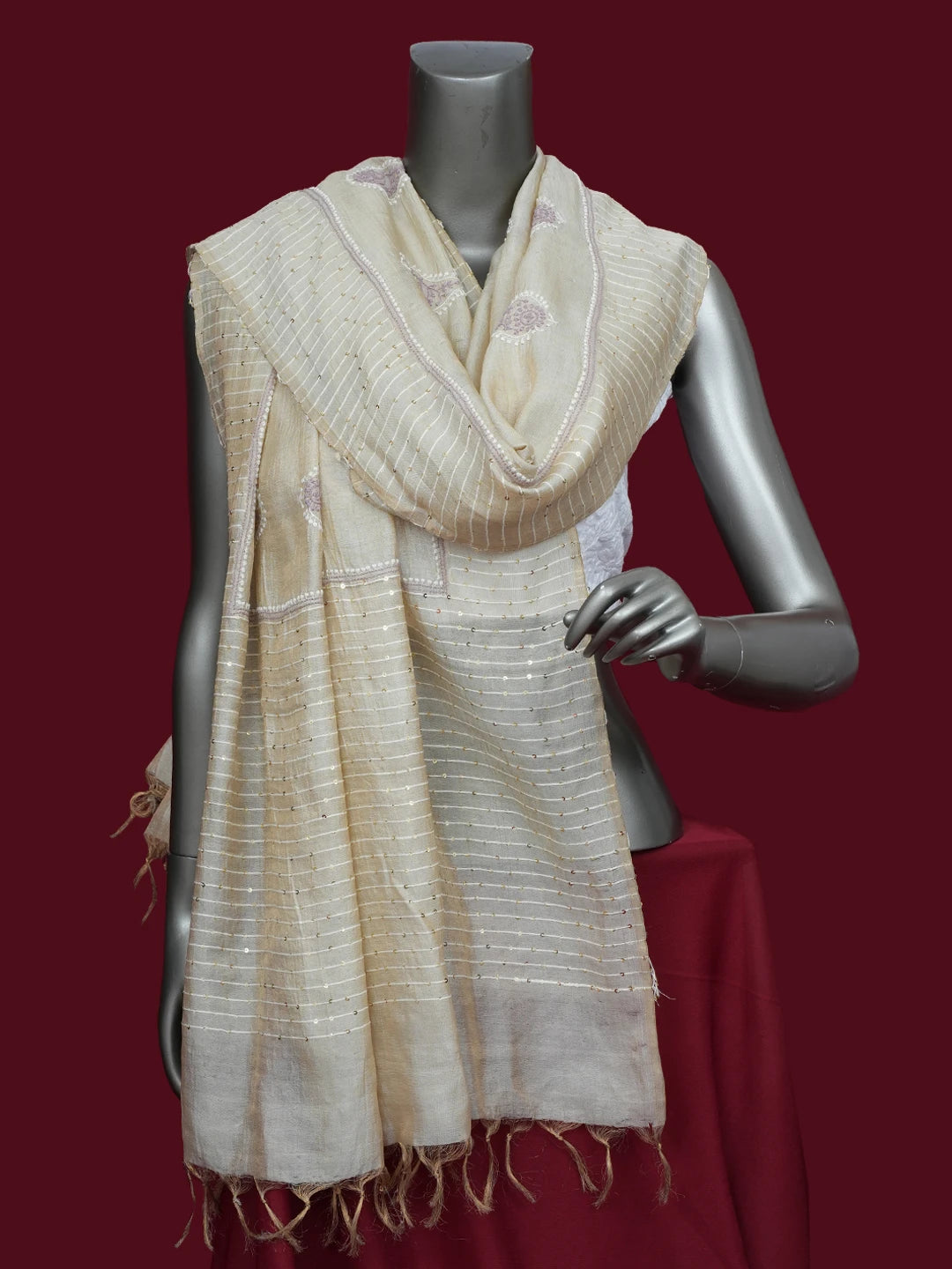 Ada Hand Embroidered Fawn Tissue Lucknowi Chikankari Dupatta With Sequinned Work 01A415405