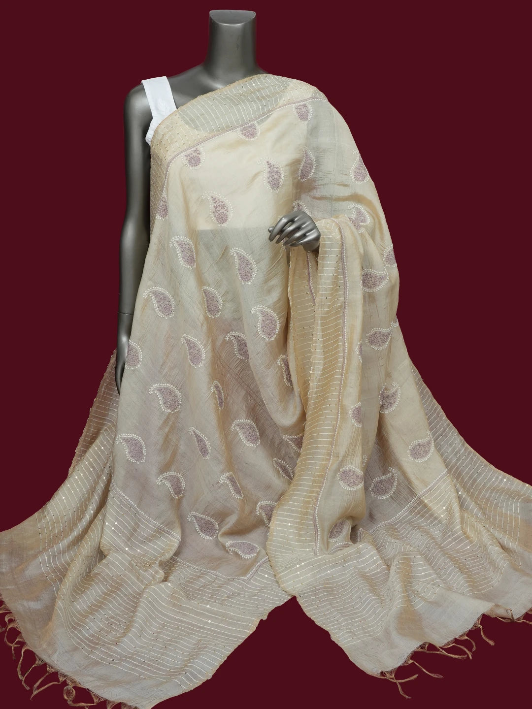 Ada Hand Embroidered Fawn Tissue Lucknowi Chikankari Dupatta With Sequinned Work 01A415405