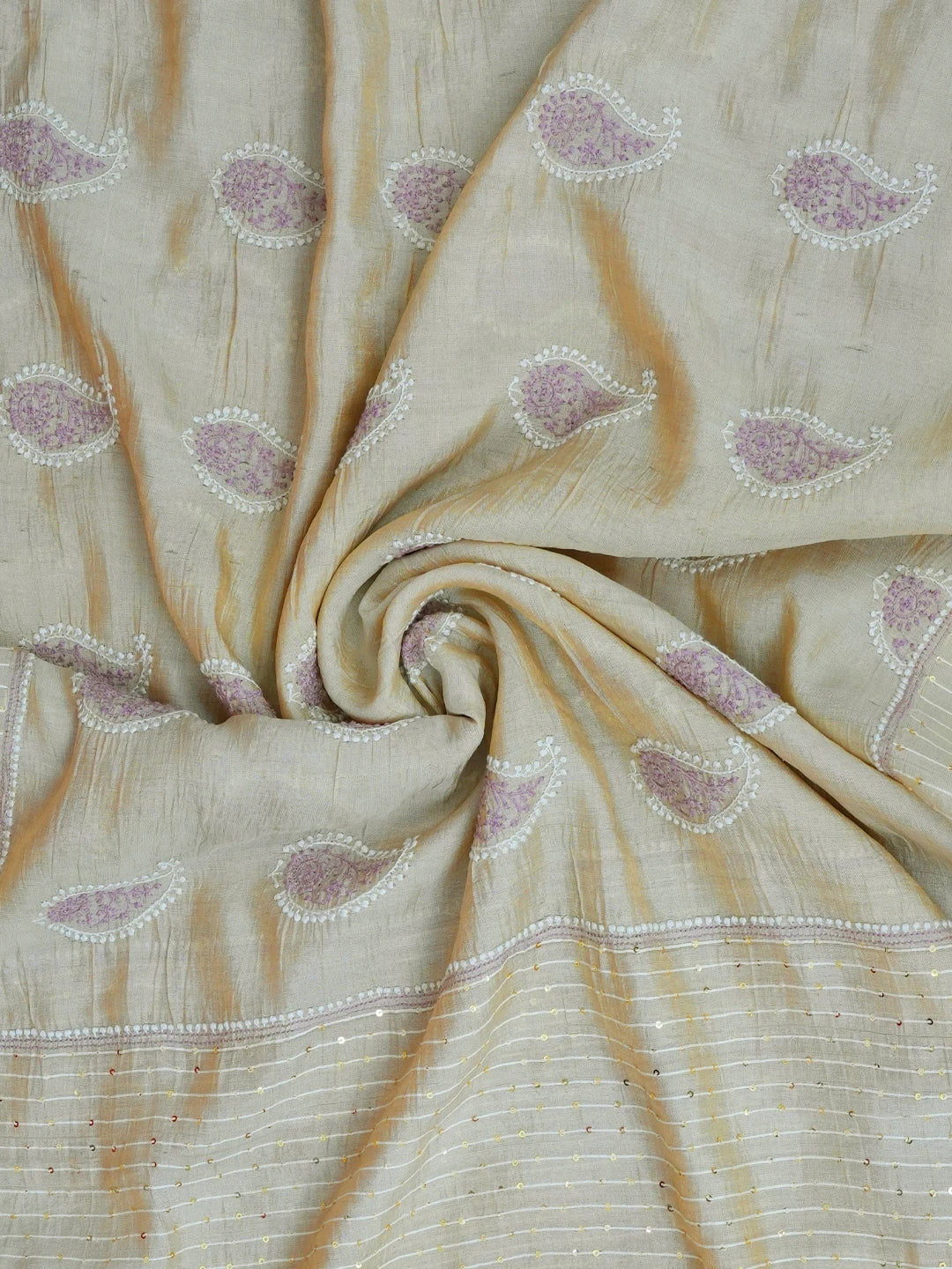 Ada Hand Embroidered Fawn Tissue Lucknowi Chikankari Dupatta With Sequinned Work 01A415405