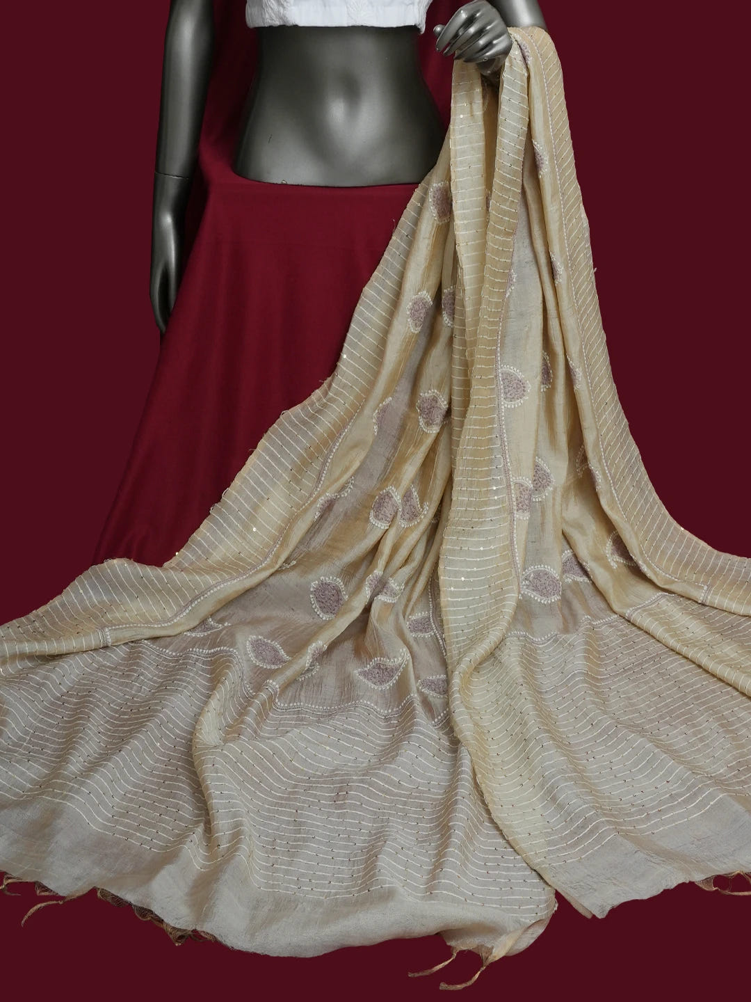 Ada Hand Embroidered Fawn Tissue Lucknowi Chikankari Dupatta With Sequinned Work 01A415405