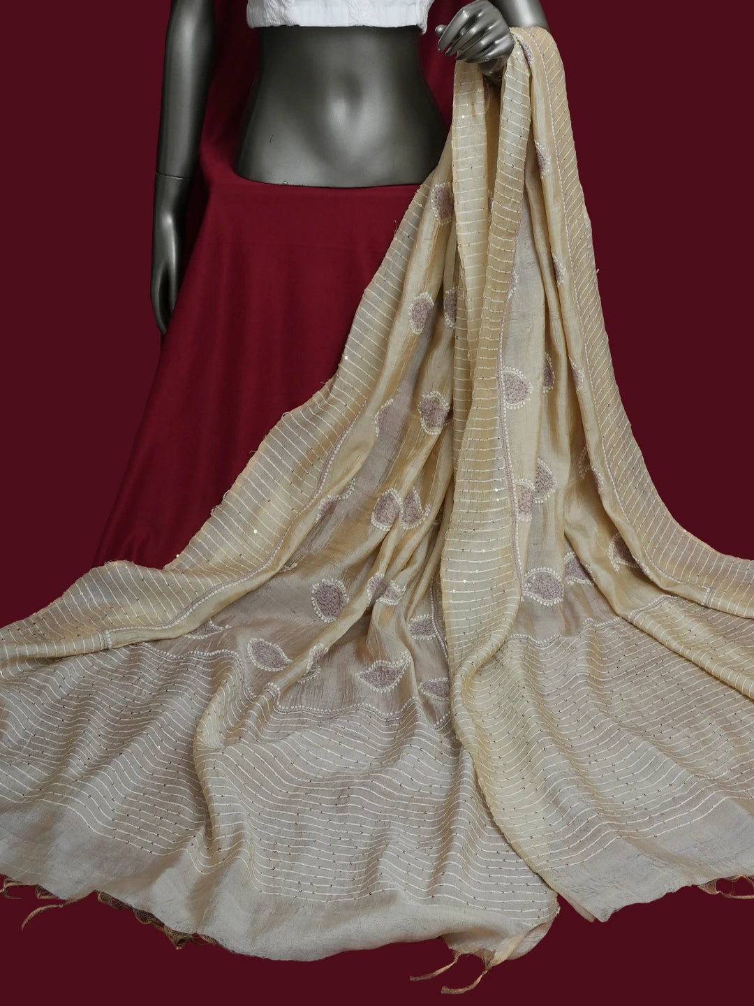 Ada Hand Embroidered Fawn Tissue Lucknowi Chikankari Dupatta With Sequinned Work 01A415405