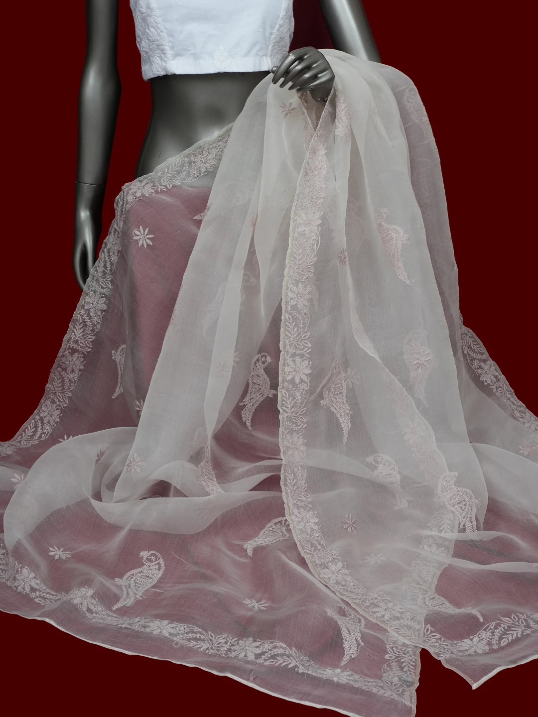 Ada Hand Embroidered White Organza Lucknowi Chikankari Dupatta 01A559670