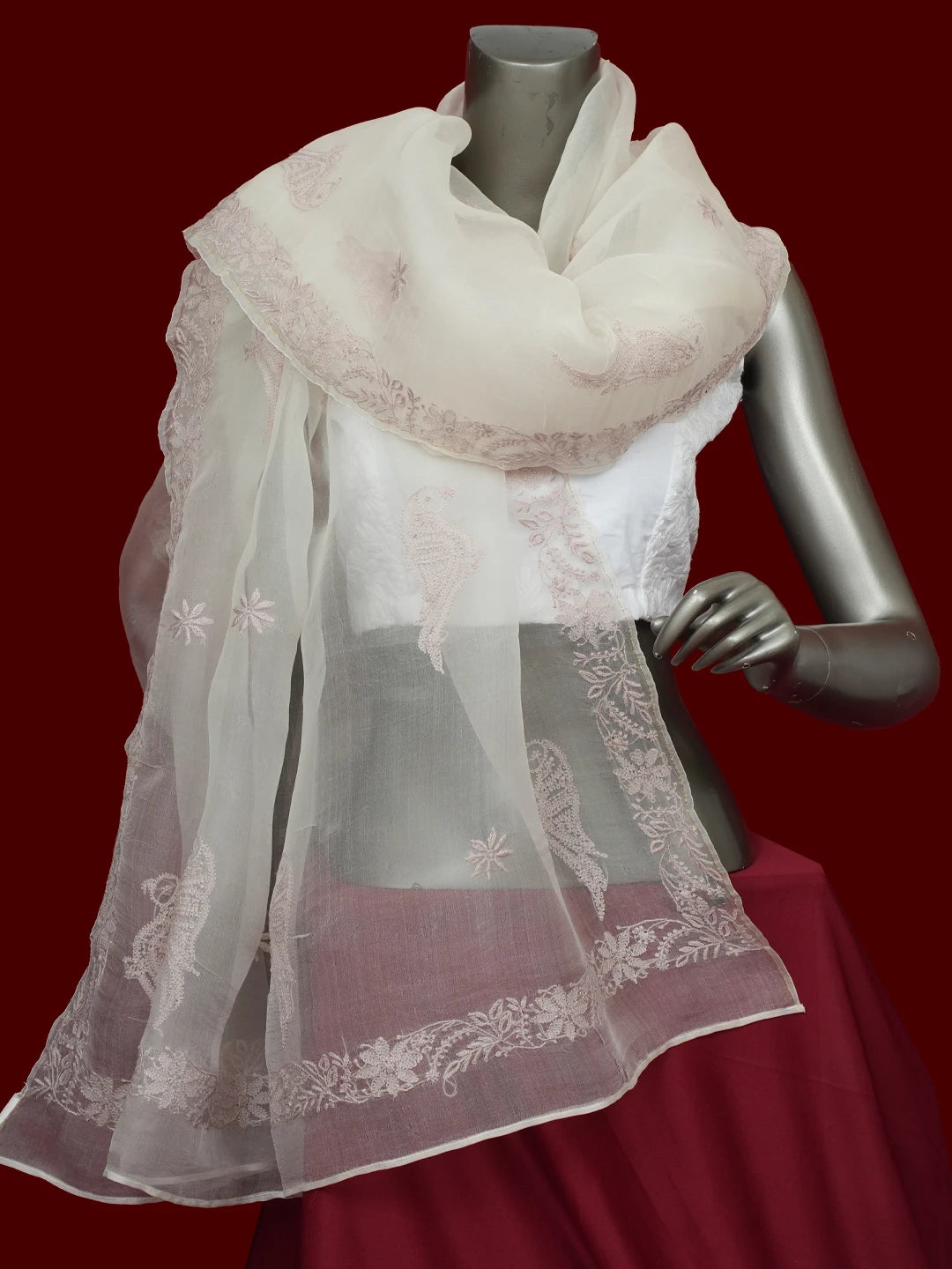 Ada Hand Embroidered White Organza Lucknowi Chikankari Dupatta 01A559670