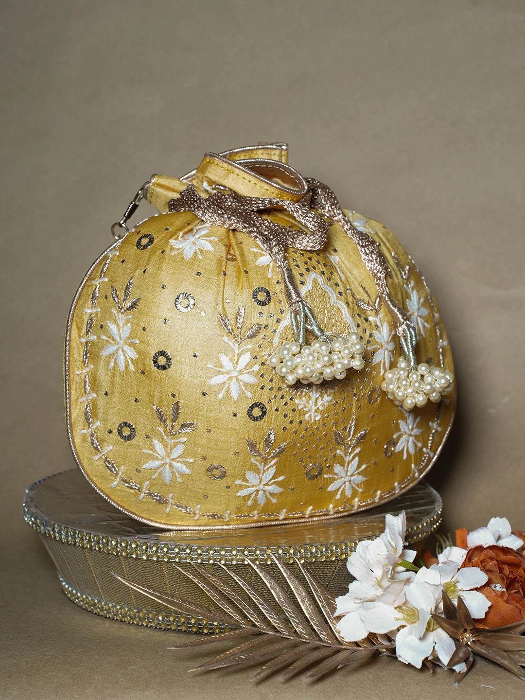 Ada Hand Embroidered Mustard Silk Lucknowi Chikankari Potli Bag With Muqaish Work 01A689043