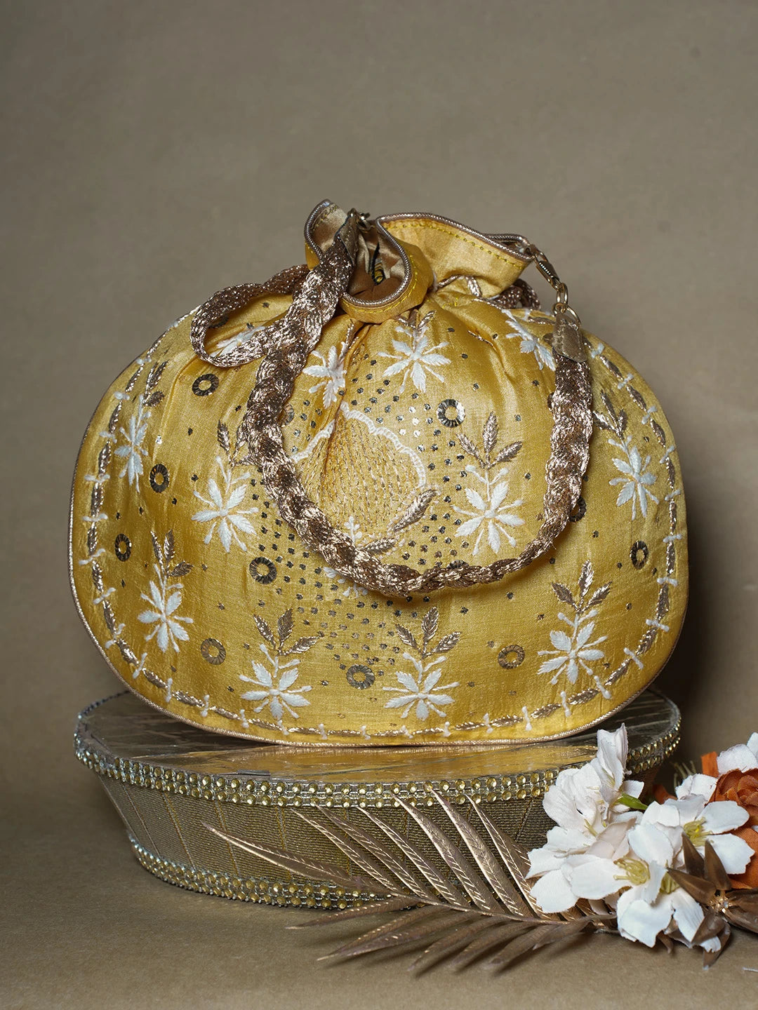Ada Hand Embroidered Mustard Silk Lucknowi Chikankari Potli Bag With Muqaish Work 01A689043