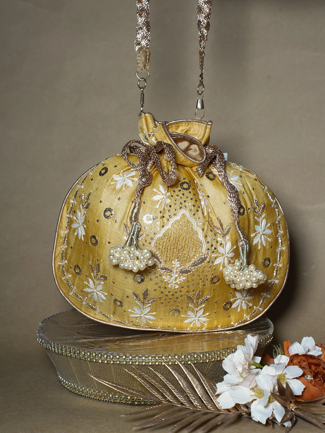 Ada Hand Embroidered Mustard Silk Lucknowi Chikankari Potli Bag With Muqaish Work 01A689043