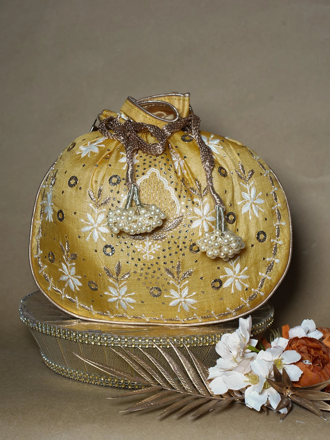 Ada Hand Embroidered Mustard Silk Lucknowi Chikankari Potli Bag With Muqaish Work 01A689043