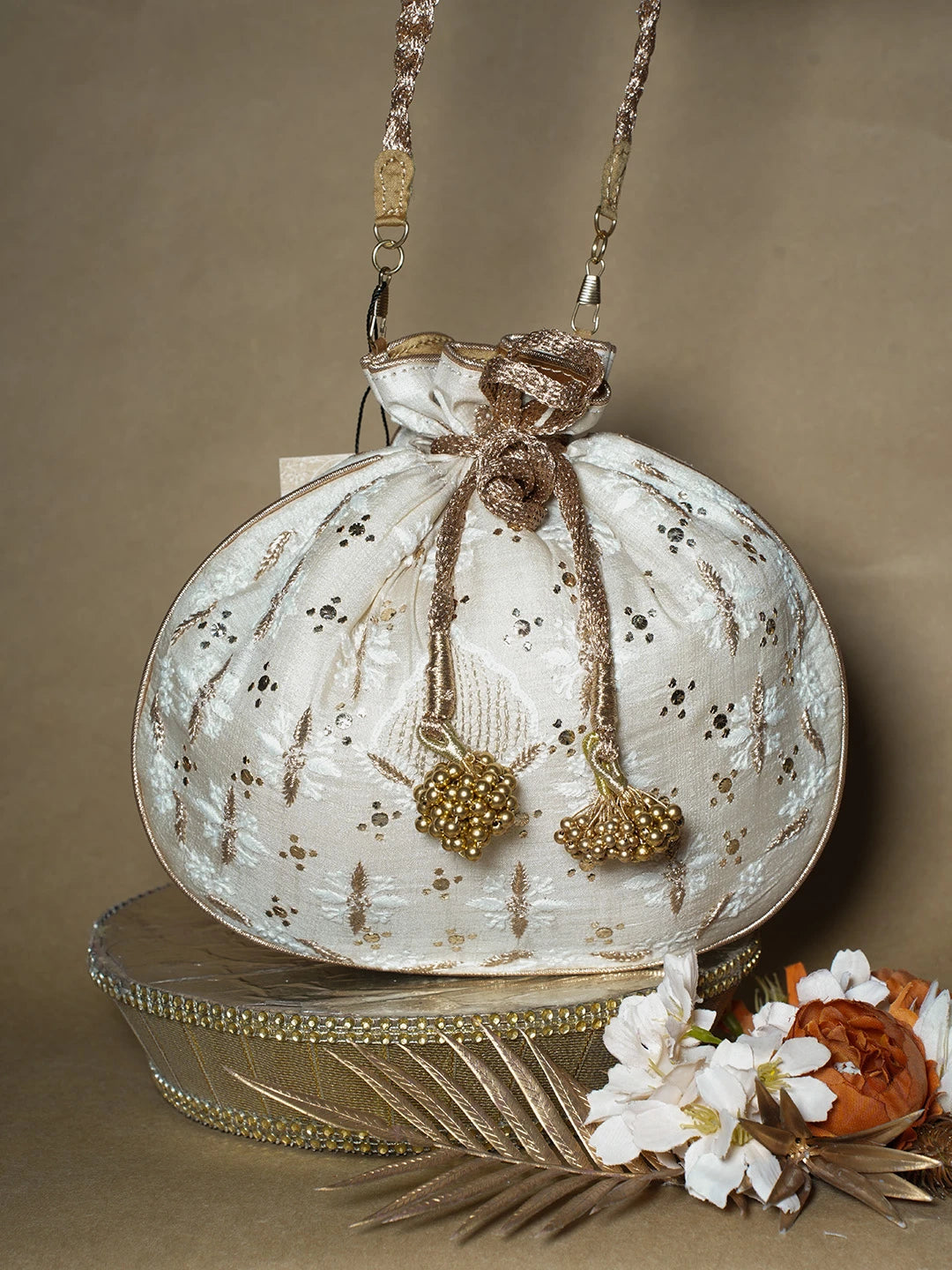Ada Hand Embroidered Cream Silk Lucknowi Chikankari Potli Bag With Muqaish Work 01A663924
