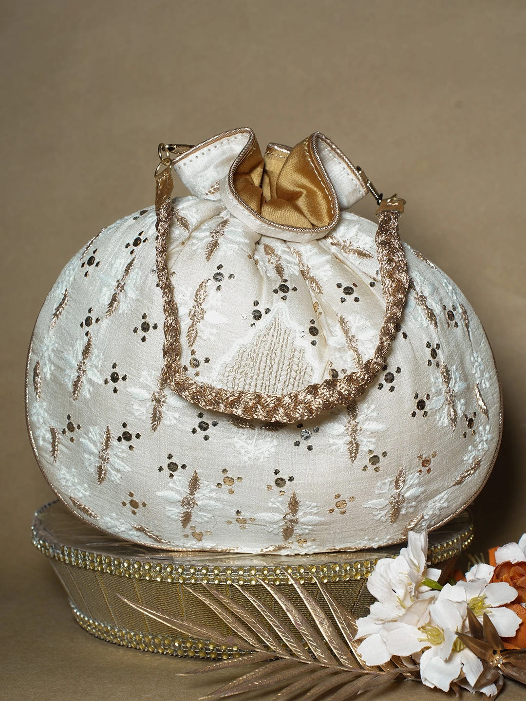Ada Hand Embroidered Cream Silk Lucknowi Chikankari Potli Bag With Muqaish Work 01A663924