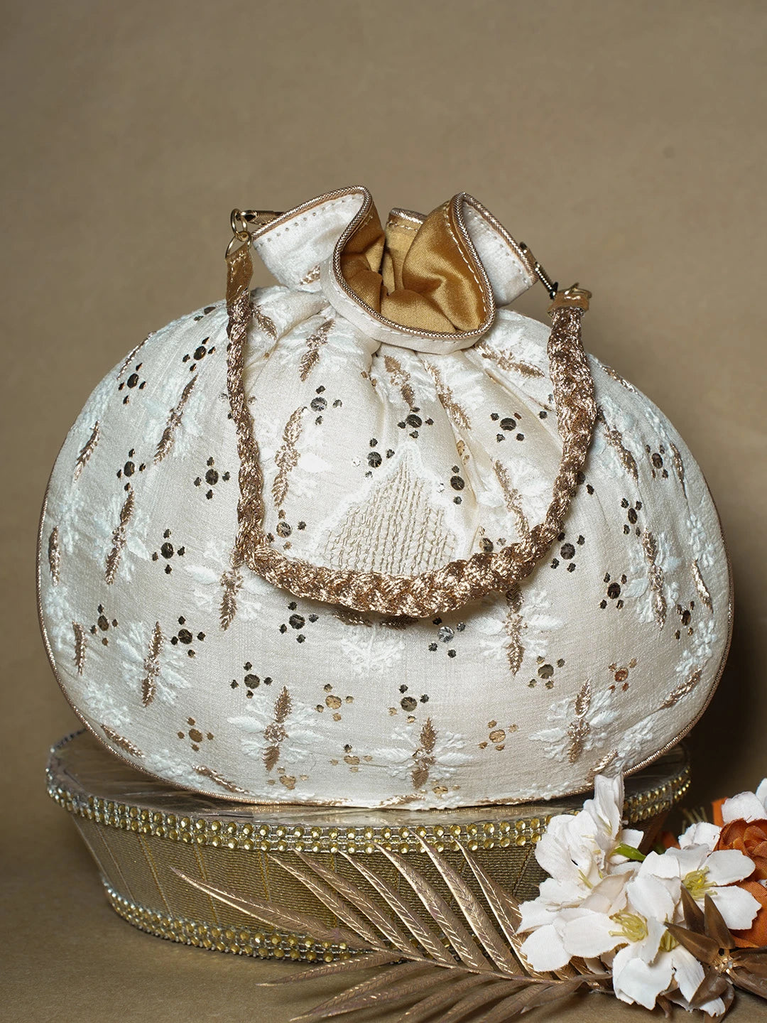 Ada Hand Embroidered Cream Silk Lucknowi Chikankari Potli Bag With Muqaish Work 01A663924