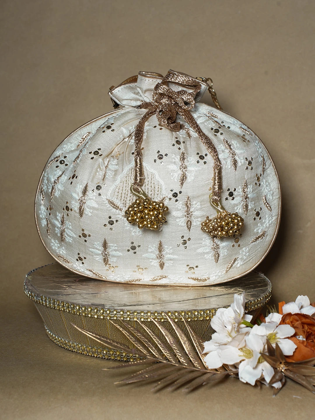 Ada Hand Embroidered Cream Silk Lucknowi Chikankari Potli Bag With Muqaish Work 01A663924