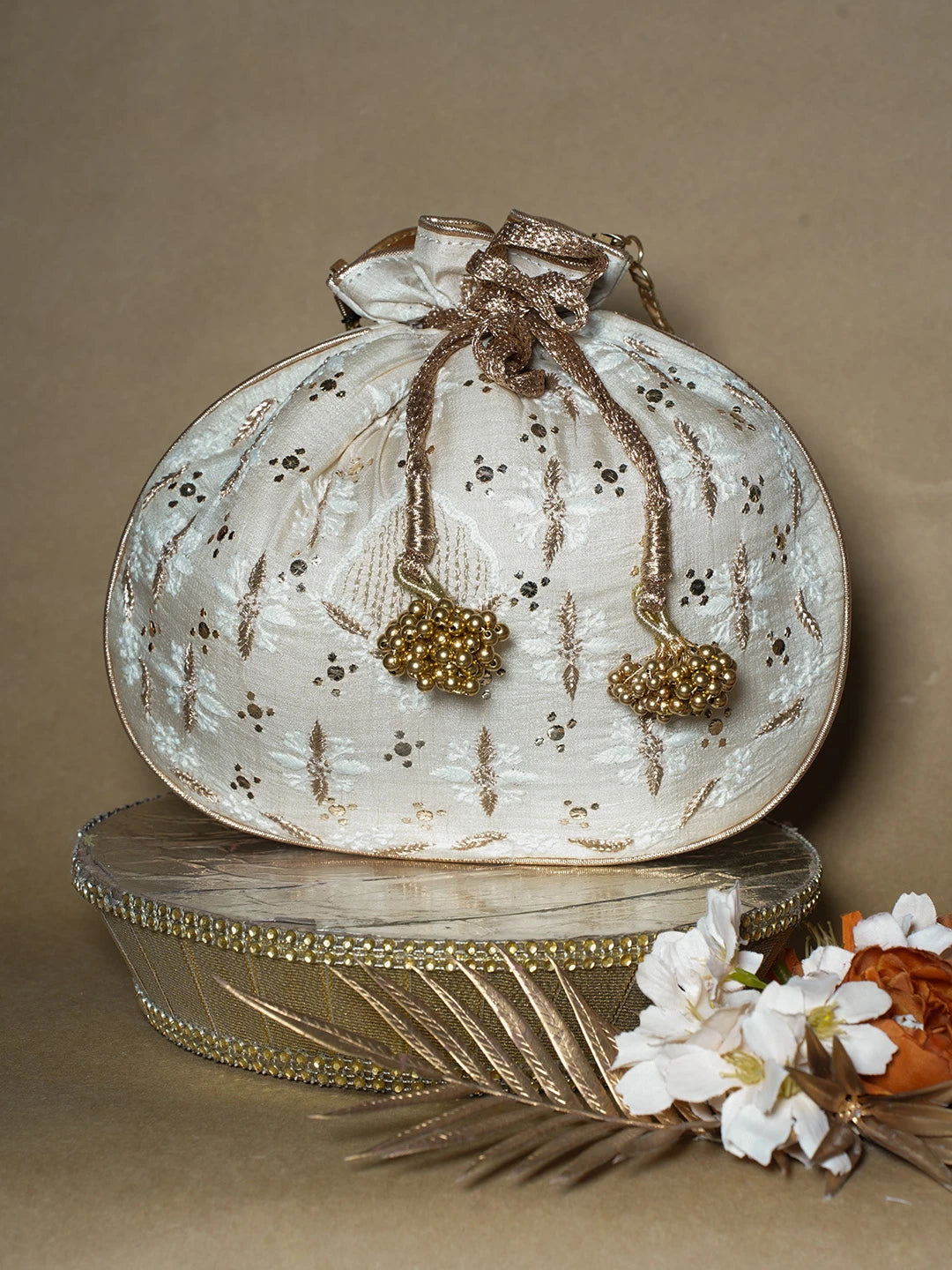 Ada Hand Embroidered Cream Silk Lucknowi Chikankari Potli Bag With Muqaish Work 01A663924