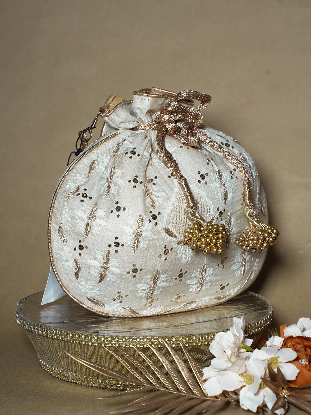 Ada Hand Embroidered Cream Silk Lucknowi Chikankari Potli Bag With Muqaish Work 01A663924