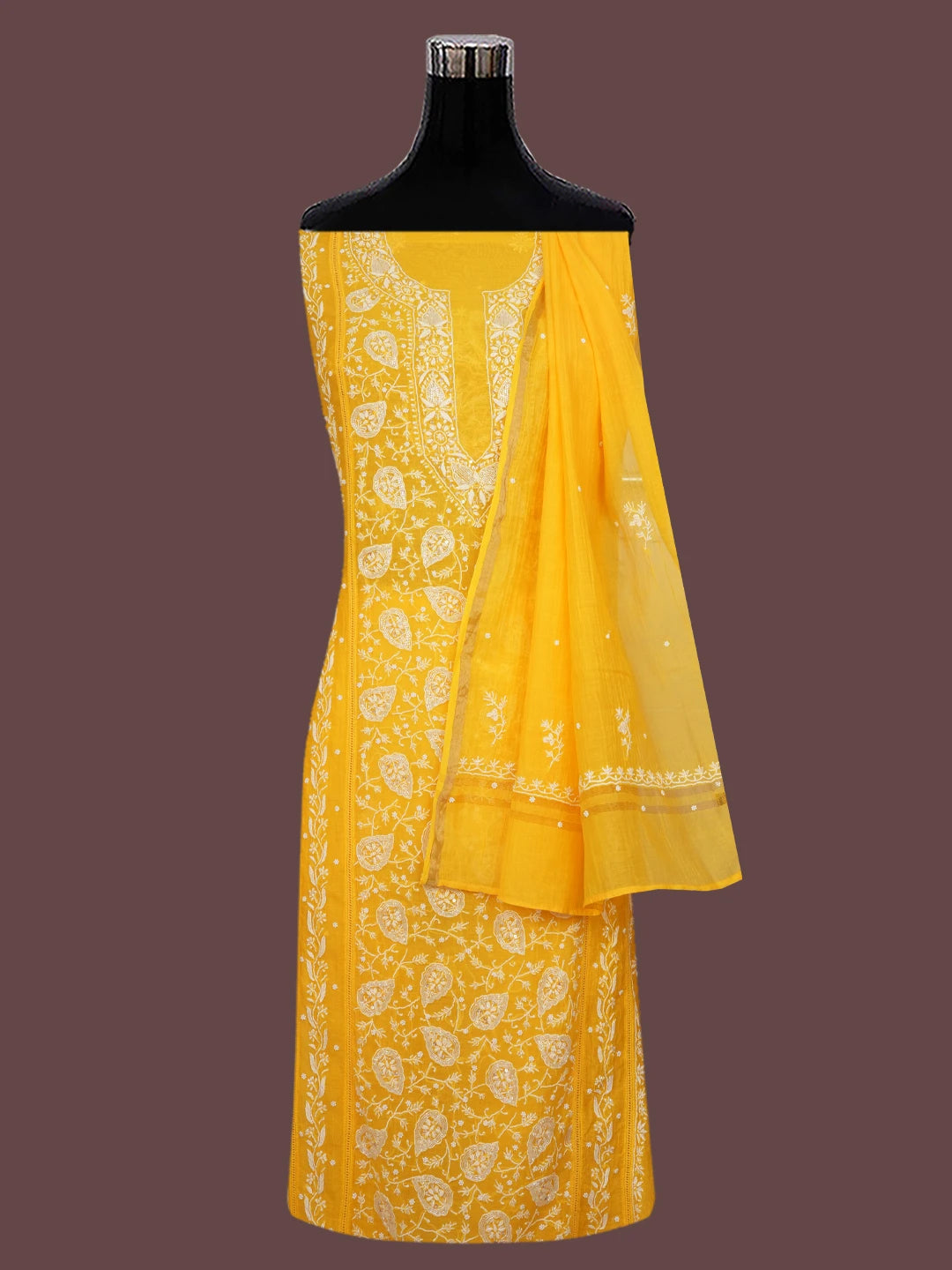 Ada Hand Embroidered Yellow Chanderi Lucknowi Chikankari Unstitched Kurta Dupatta Set With Pearl Work 01A633213