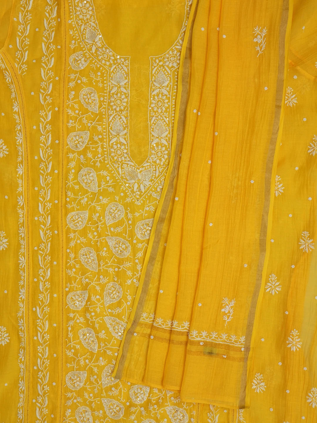 Ada Hand Embroidered Yellow Chanderi Lucknowi Chikankari Unstitched Kurta Dupatta Set With Pearl Work 01A633213