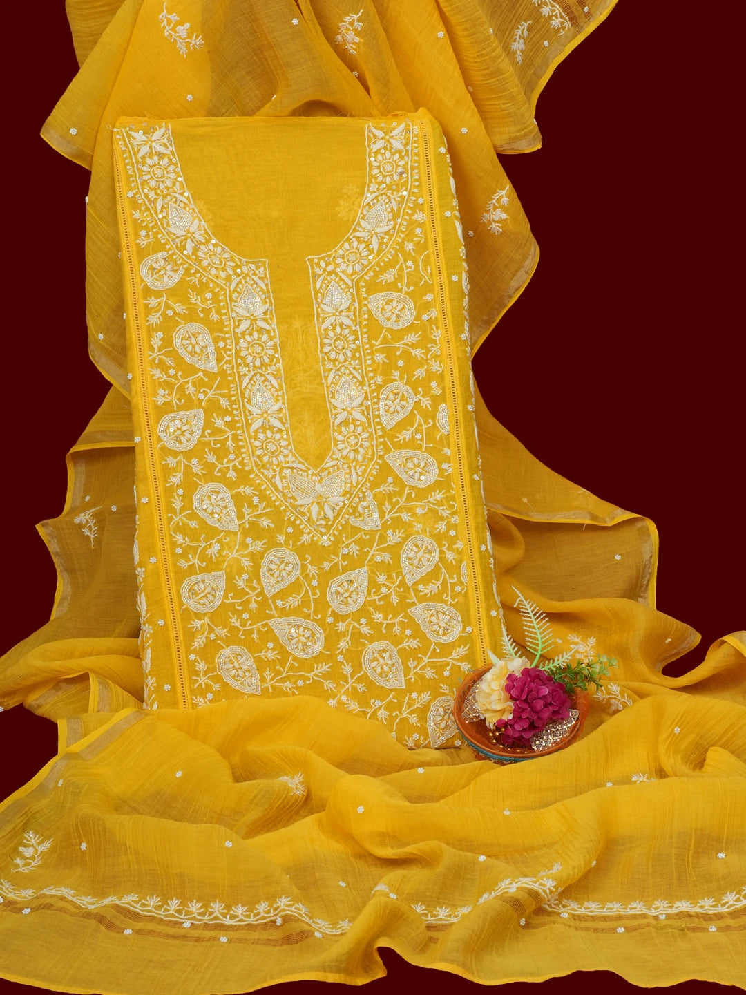 Ada Hand Embroidered Yellow Chanderi Lucknowi Chikankari Unstitched Kurta Dupatta Set With Pearl Work 01A633213