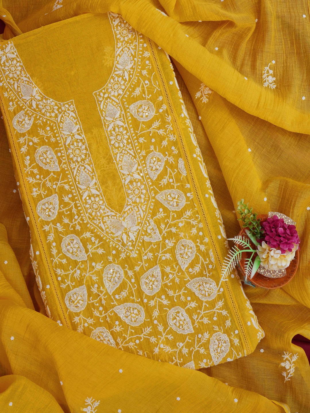 Ada Hand Embroidered Yellow Chanderi Lucknowi Chikankari Unstitched Kurta Dupatta Set With Pearl Work 01A633213