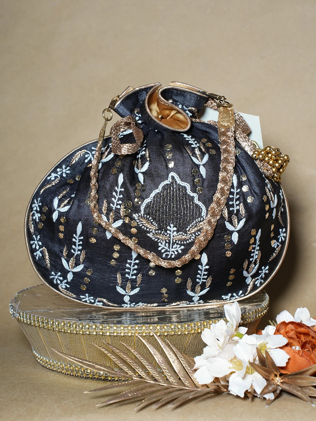 Ada Hand Embroidered Black Silk Lucknowi Chikankari Potli Bag With Muqaish Work 01A689031